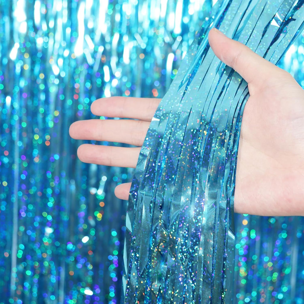 Voircoloria Foil Fringe Backdrop Curtains - Tinsel Streamers for Birthday, Baby Shower & Graduation | 3.3 x 6.6 ft, Light Blue