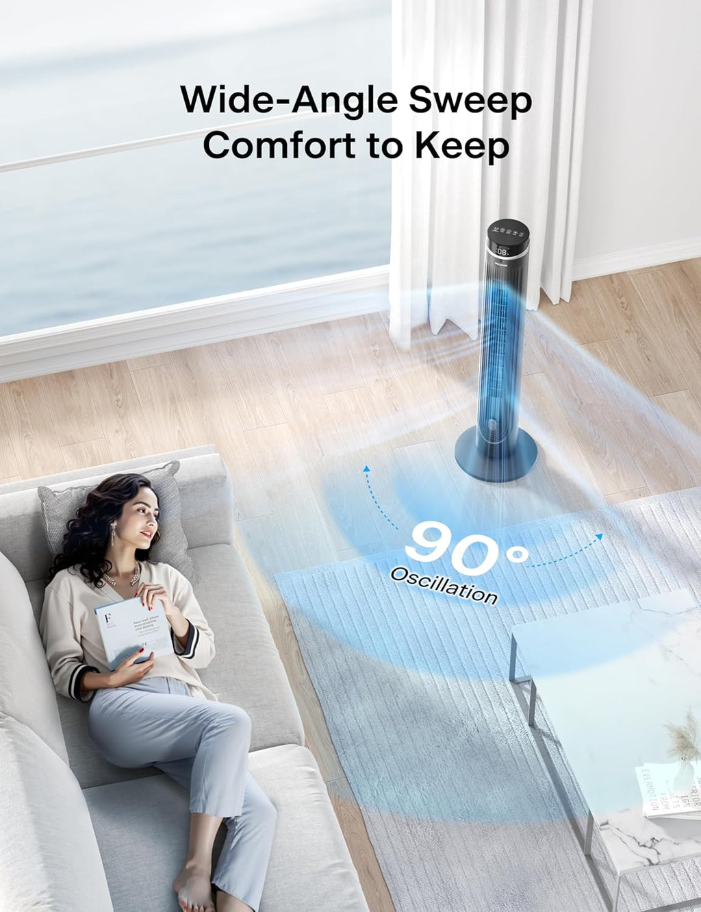 Pelonis 42-Inch Tower Fan - Quiet 90° Oscillation, 5 Speeds, Remote Control & 12H Timer | Ideal for Bedrooms