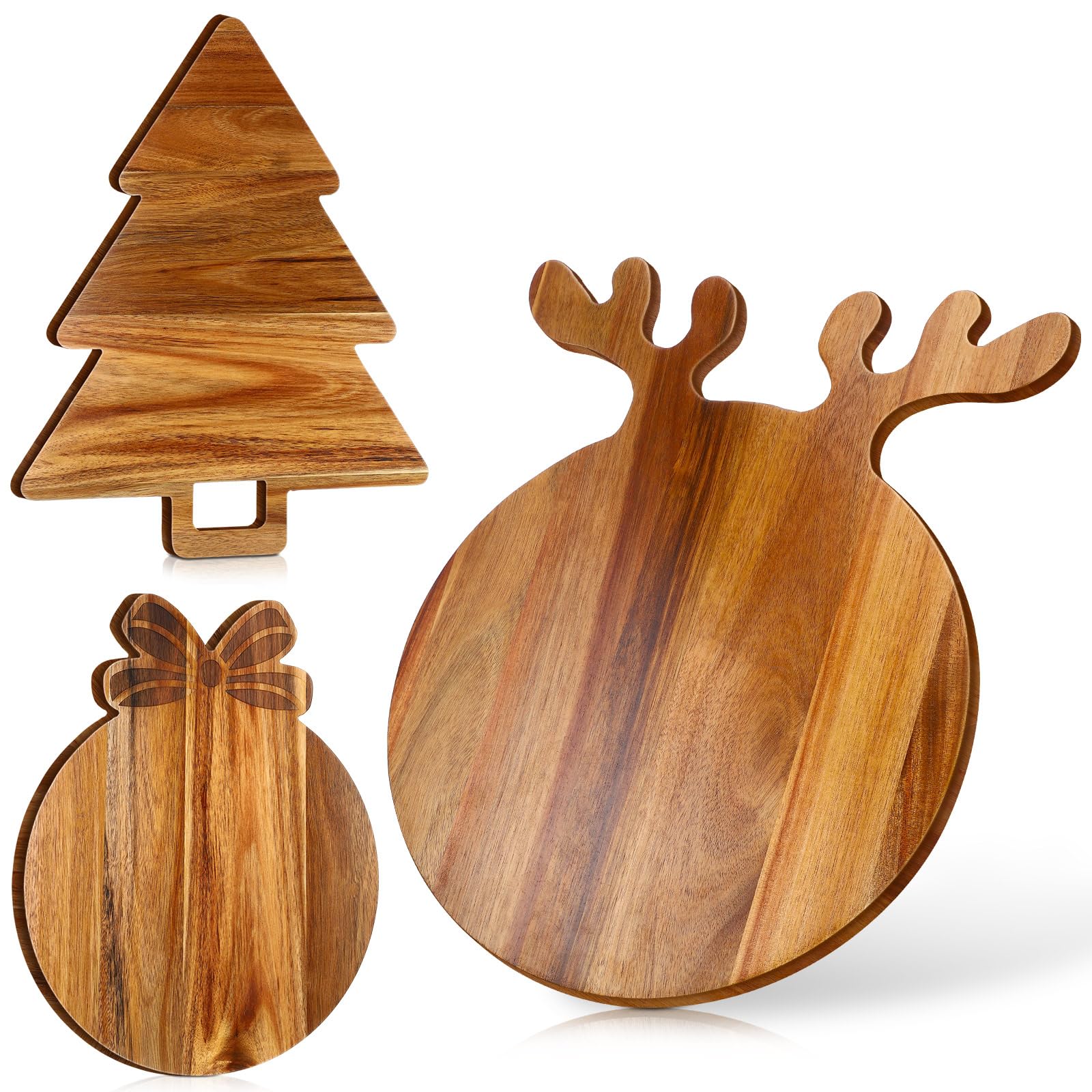 Yungyan 3 Pcs Christmas Cutting Board Charcuterie Board Xmas Tree Antler Wreath Handle Acacia Wood Large Round Decorative Serving Tray for Pizza Bread Cheese Fruit Gift for Christmas