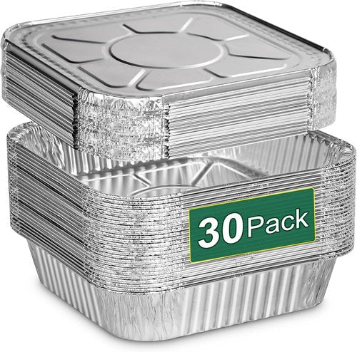 Aluminum Pans with Lids by [Brand Name] - 30 Pack Disposable Square Foil Pans for Air Fryer & Oven