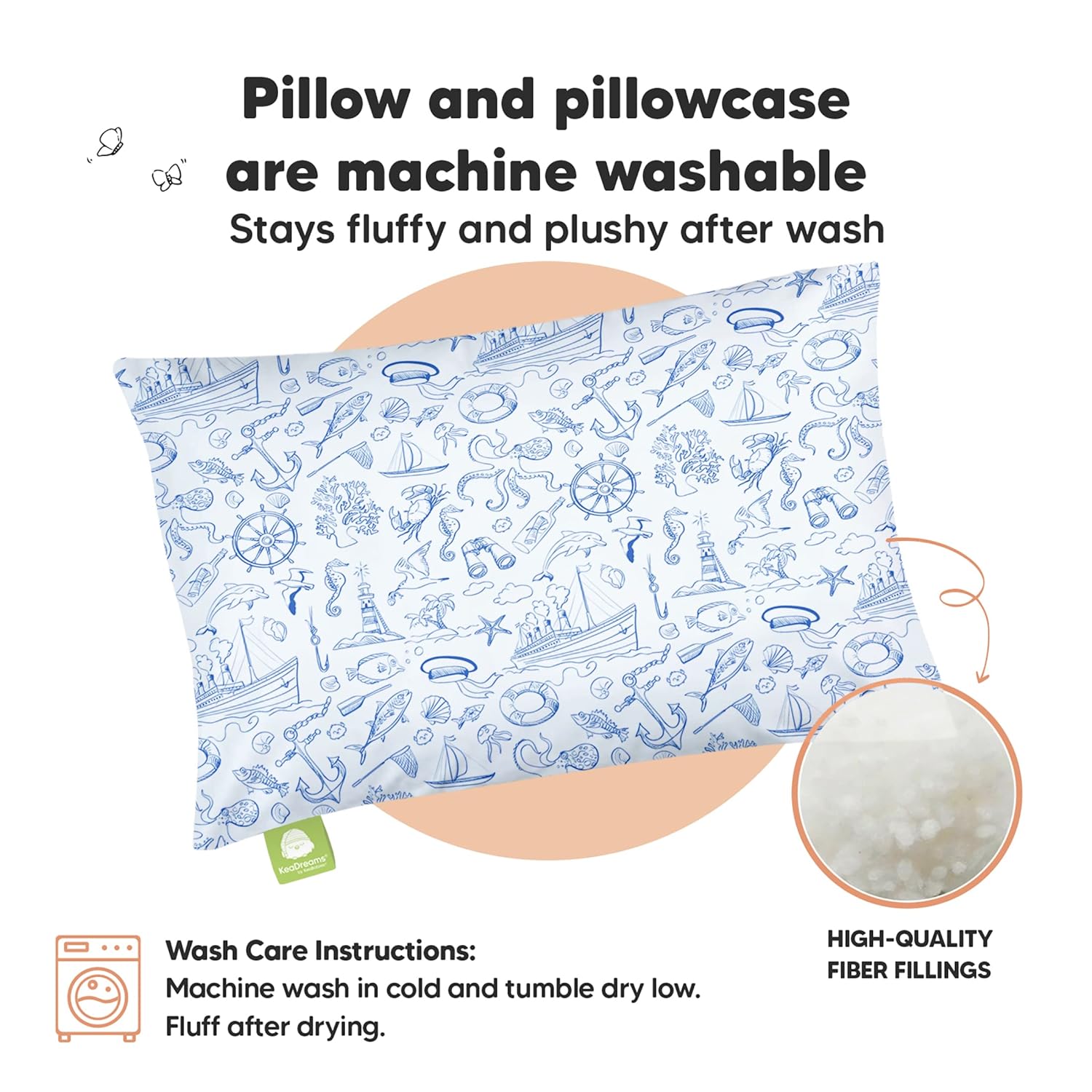 My Little Dreamy Toddler Pillow - Organic Cotton Travel Bed Pillow with Case | Soft & Breathable, 13x18 Inches for Ages 2-5 (Nautical)