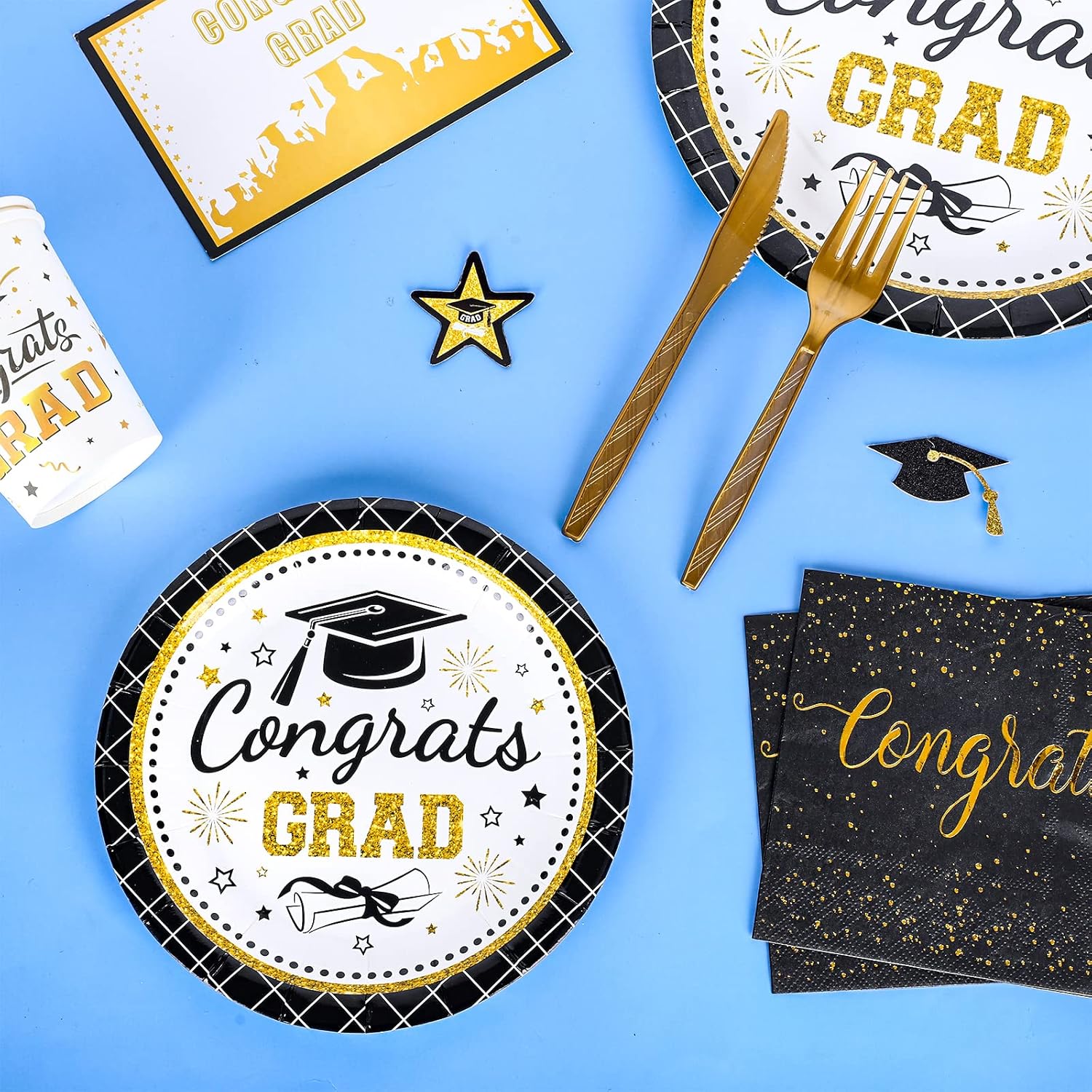 Whaline Graduation Party Supplies Set - 175 Pcs Disposable Tableware for 25 Guests | Plates, Napkins, Cups & Cutlery