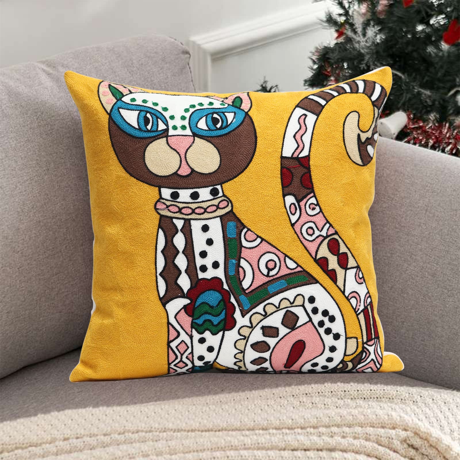 UnionKK 1 Pcs Embroidered Decorative Throw Pillows Covers for Sofa Decor Cushion Cases 18 x 18 Inch (Big Cat)