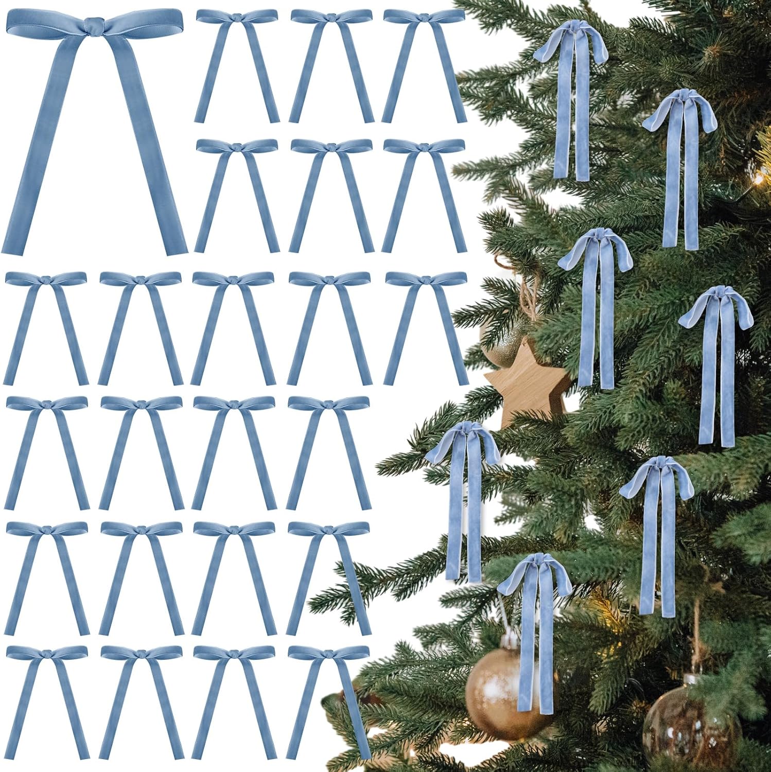 Skiennix 24 Pcs Velvet Bows - Vintage Ribbon Bows for Christmas Tree & Crafts | Dusty Blue (5 x 7 Inch)