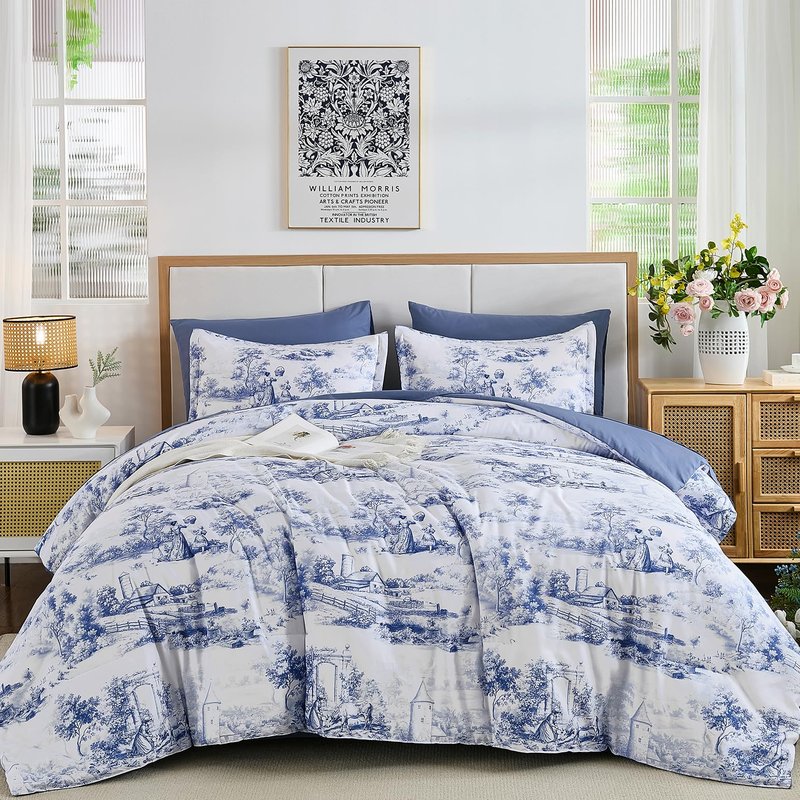 WONGS BEDDING Blue Comforter Set King, 7 Pieces Bed in a Bag Farmhouse Comforter with Sheets, French Toile Bedding Set, Soft Lightweight Microfiber Botanical Print Complete Bed Set for All Season