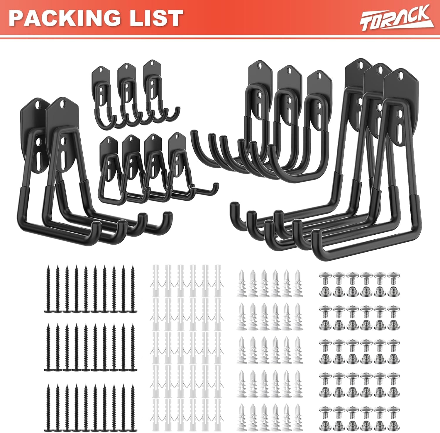 TORACK Garage Storage System Hooks - 15 PCS Wall Mount Utility Hooks for Tools, Ladders & More | Black