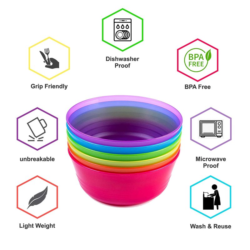 Cuddly Hippo Kids Plastic Dinnerware Set of 24 Multi Color Bowls - Reusable, BPA-Free, Dishwasher Safe and Microwaveable
