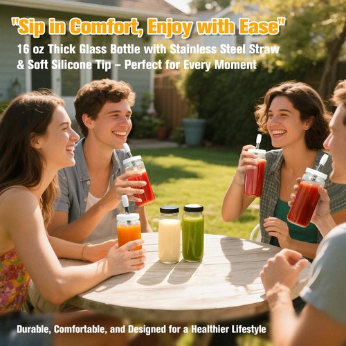 Sursip Glass Juice Bottles 16 oz with Lids & Straws, 12 Pack – Leak-Proof Wide Mouth Mason Jars for Juicing, Smoothies, Boba & Tea – Reusable & BPA-Free, Dishwasher Safe Kitchen Storage Containers
