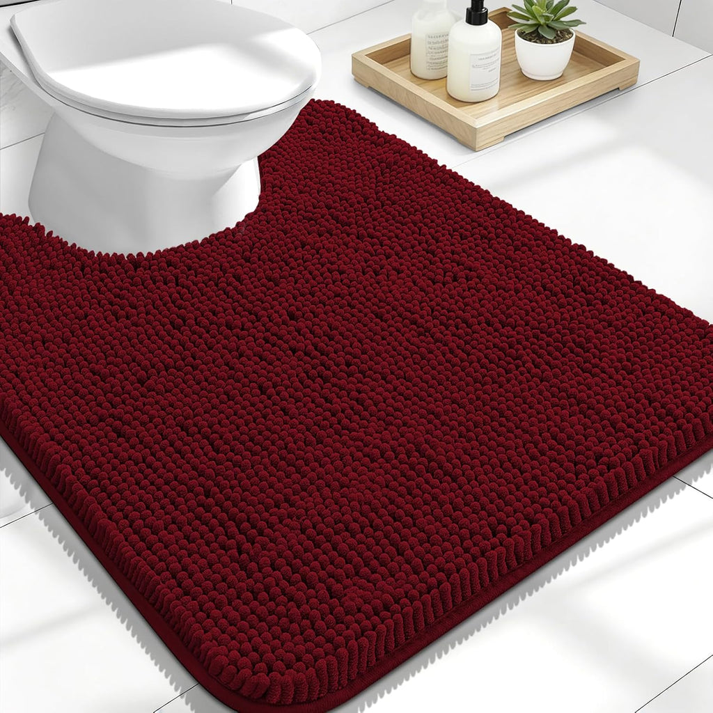 OLANLY U-Shaped Toilet Rugs - Extra Soft, Absorbent Chenille Bath Mat | 24x20, Burgundy, Non-Slip, Machine Washable