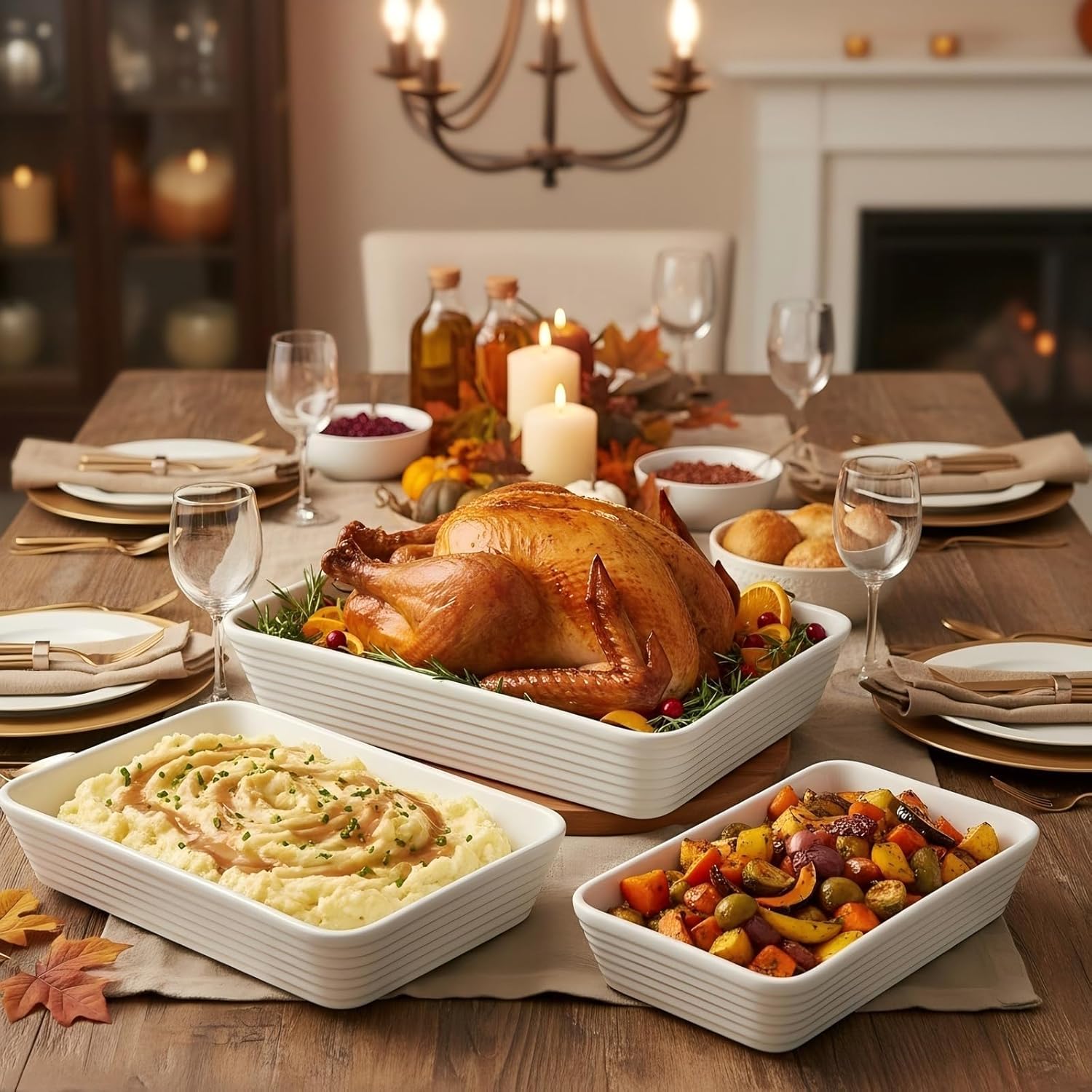 ONEMORE Baking Dishes - Large 9x13 Ceramic Casserole Set with Roasting Racks | 3QT, 2.1QT, 1.3QT Sizes