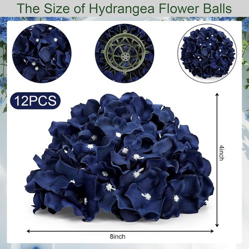 Hydrangea | 12 PCS Artificial Flower Balls - 8.27 Inch Silk Kissing Balls for Wedding & Home Decor - Navy Blue