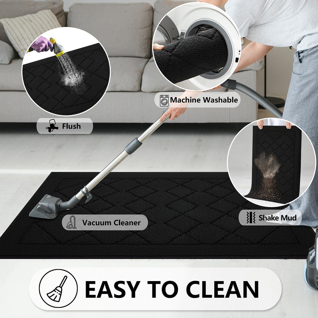 REFETONE Indoor Doormat, Front Back Door Mat 32"x48" Rubber Backing Non Slip Mats, Absorbent Washable Entrance Doormat for Entryway, Resist Dirt Low-Profile Inside Floor Mat for Muddy Shoes, Black