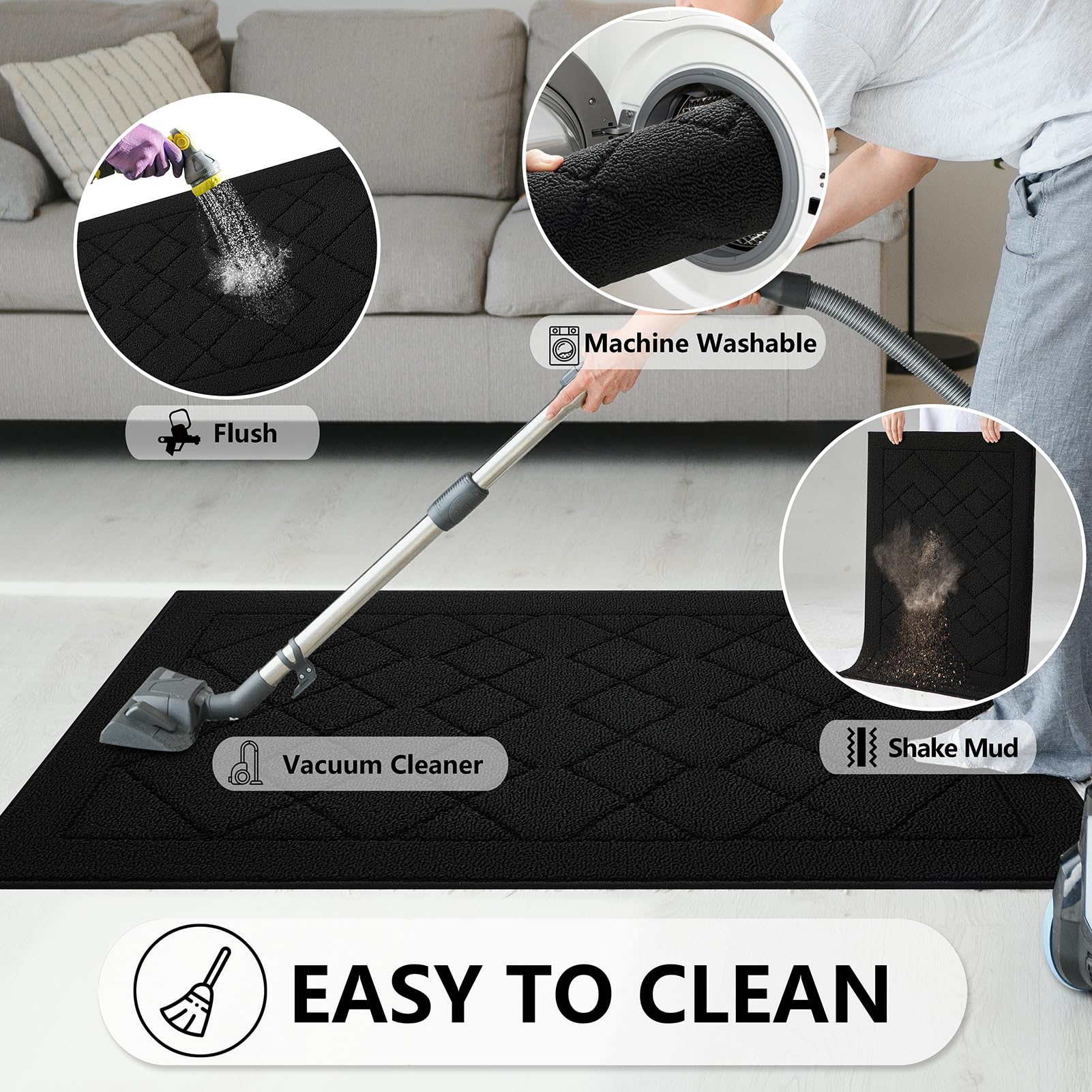 REFETONE Indoor Doormat, Front Back Door Mat 32"x48" Rubber Backing Non Slip Mats, Absorbent Washable Entrance Doormat for Entryway, Resist Dirt Low-Profile Inside Floor Mat for Muddy Shoes, Black