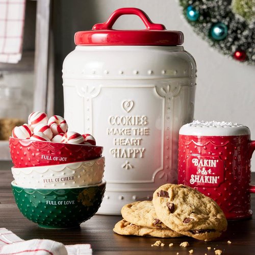 DEMDACO Full Of Cheer Red, Green, and White 7 Ounce Ceramic Christmas Baking Bowls Set of 3