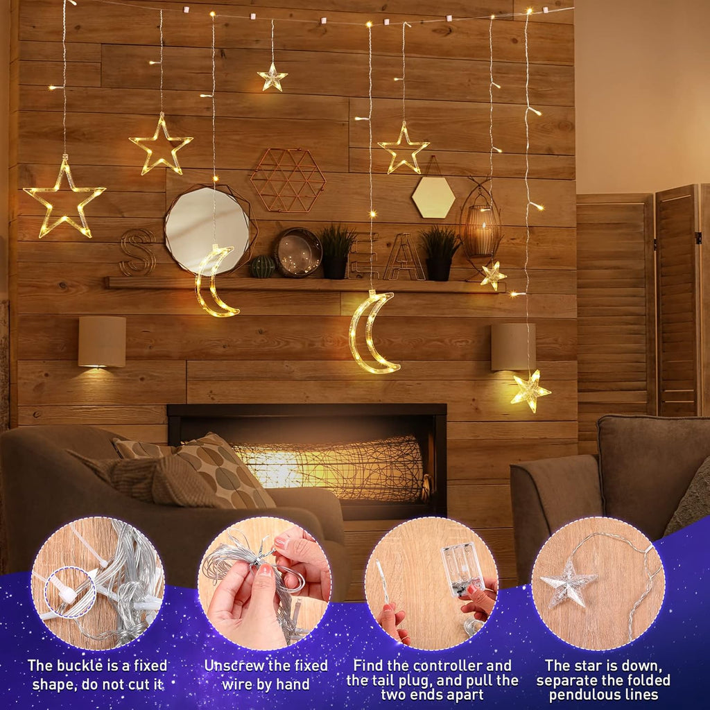 Riakrum LED Star and Moon String Lights - 11.48 ft Waterproof Warm White Fairy Lights for Bedroom | USB Powered Decor