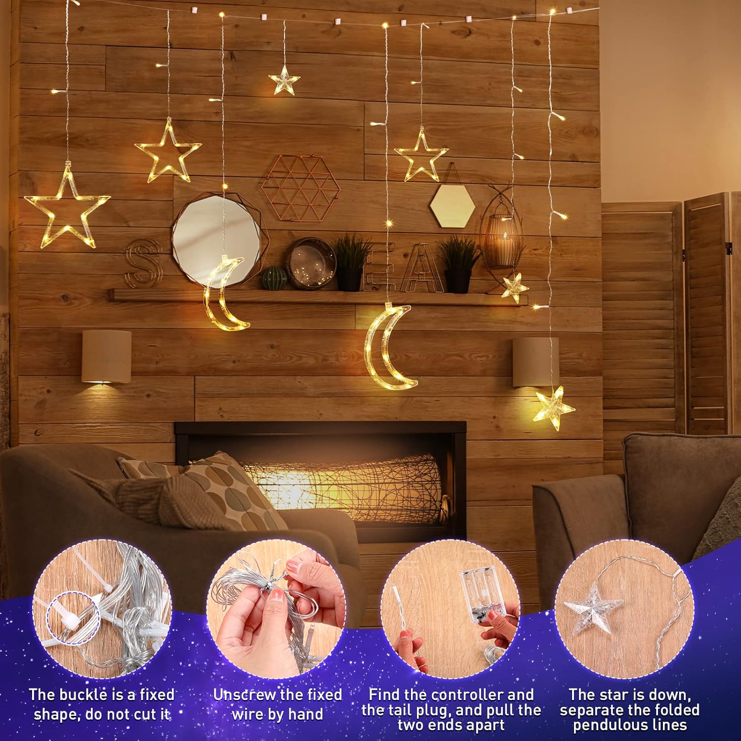 Riakrum LED Star and Moon String Lights - 11.48 ft Waterproof Warm White Fairy Lights for Bedroom | USB Powered Decor