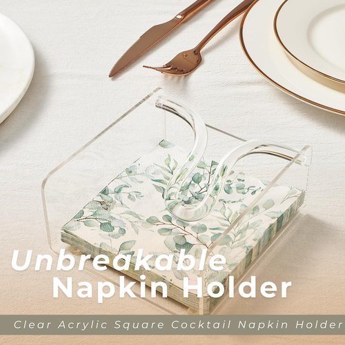 Clear Acrylic Square Cocktail Napkin Holder (5.1"x5.5"), Unbreakable Plastic Napkin Dispenser with Weighted Arm and Non-Slip Pads, Kitchen, Dining Table, Bathroom Vanity, Shatterproof BPA-free
