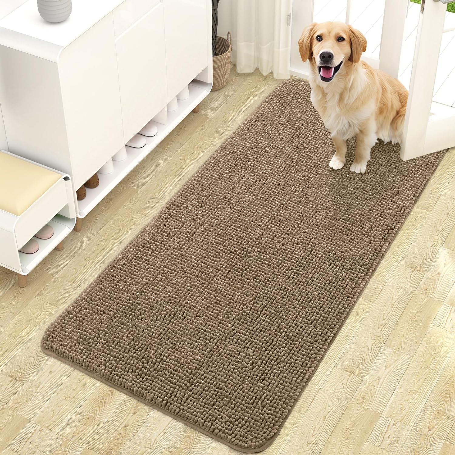 OLANLY Dog Door Mat - Absorbent Non-Slip Chenille Mat for Muddy Paws | 47x24 Tan Indoor Entryway Carpet