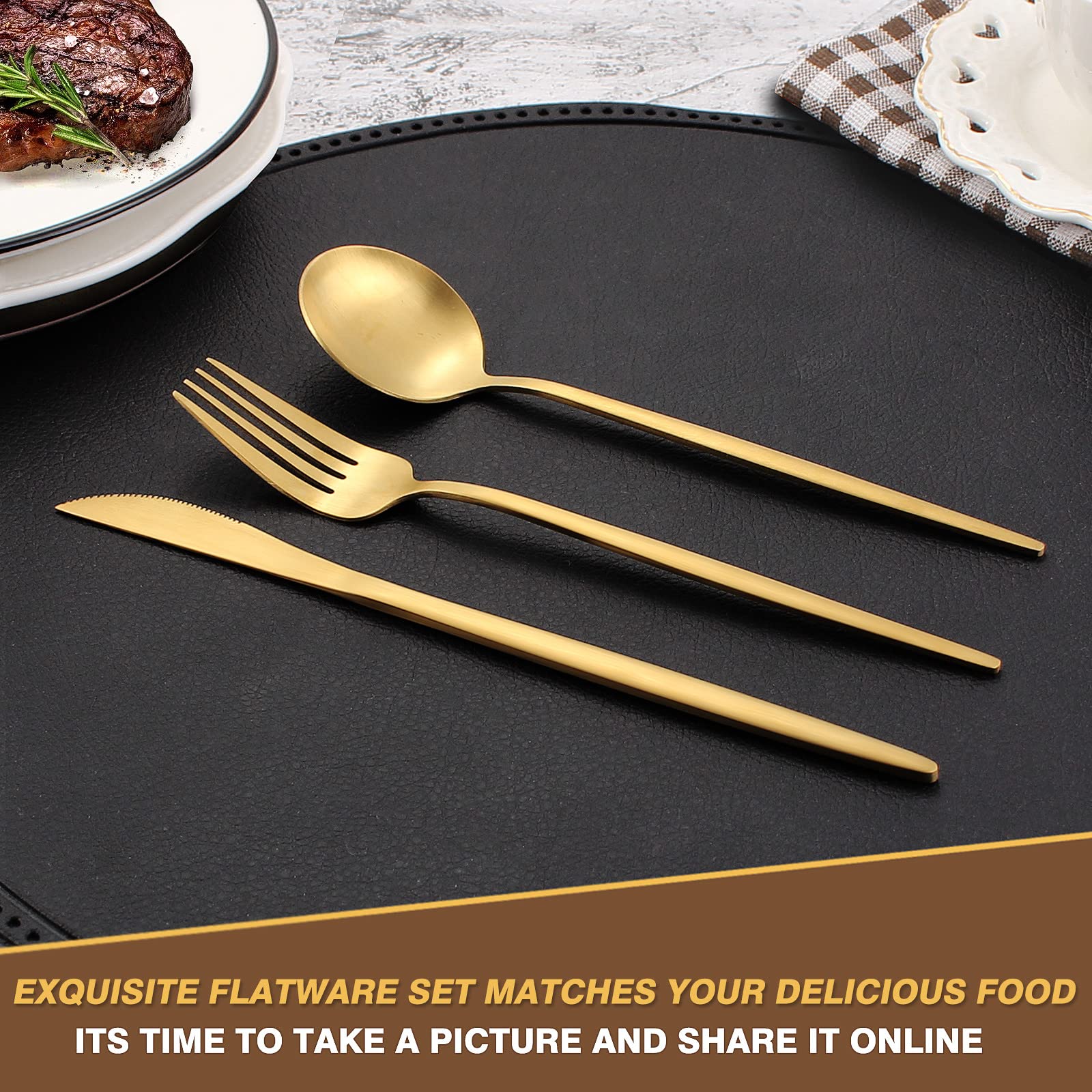 Oliviola 20 Pieces Silverware Set，Matte Gold Stainless Steel Flatware Cutlery Set Service for 4, Stain Finish Kitchen Utensil Set，Include Dinner Knives Forks and Spoons Silverware, Dishwasher Safe