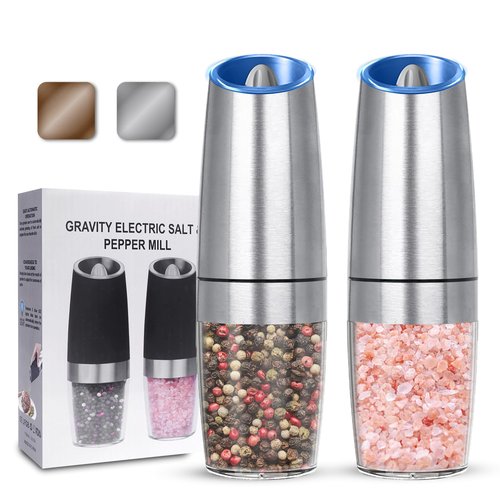 UNNEES Gravity Electric Salt and Pepper Grinder set of 2, Automatic Salt And Pepper Grinder Set, Adjustable Roughness, Battery Powered, LED Light, 2 Pack, (Silver)