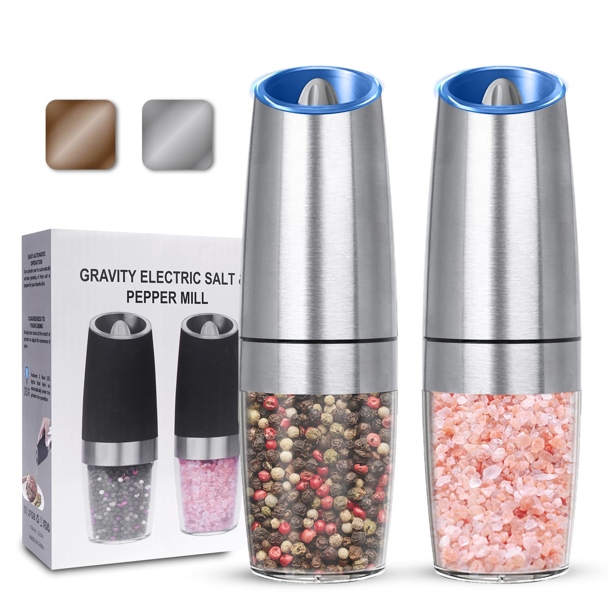 UNNEES Gravity Electric Salt and Pepper Grinder set of 2, Automatic Salt And Pepper Grinder Set, Adjustable Roughness, Battery Powered, LED Light, 2 Pack, (Silver)