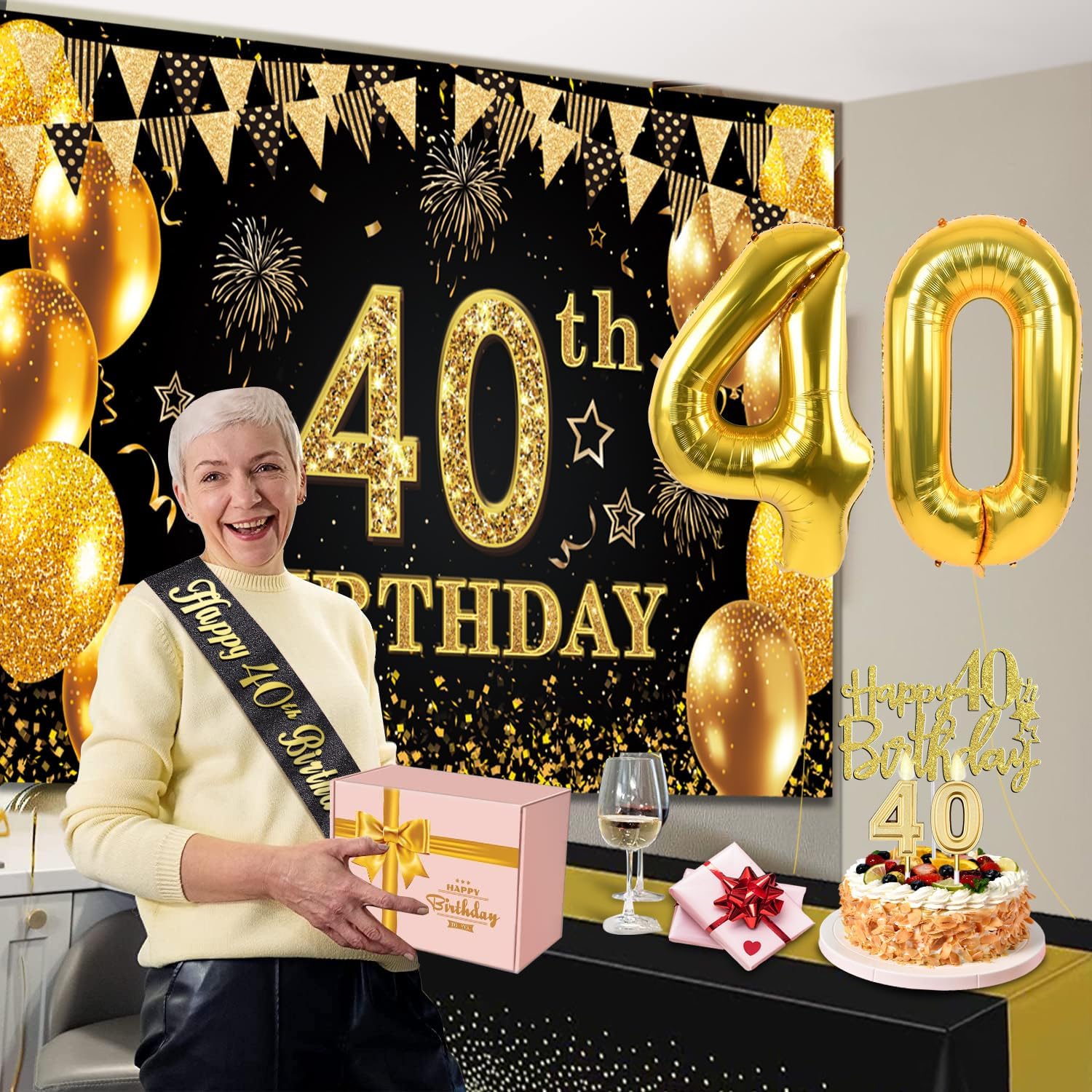 Regine Switzerland 40th Birthday Decorations - Black & Gold Banner, Table Cloth, Balloons & Cake Topper