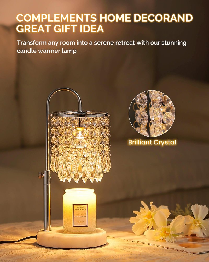 Candle Warmer Lamp with Timer Dimmer and 3 Bulbs, Candle Lamp Warmer with Marble Base for Adjustable Height, Crystal Candle Lamp for Jar Candles, House Warming Gifts Home Room Decor, Silver