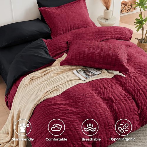 HYMOKEGE Twin Comforter Set - Red & Black Seersucker 5-Piece Luxury Bedding Set | All-Season Comfort