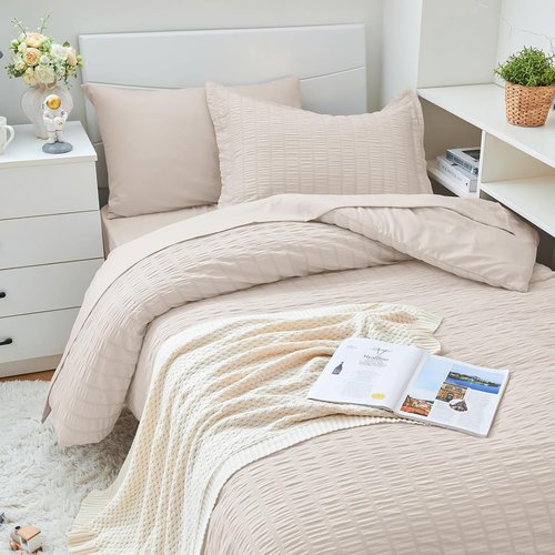 HYMOKEGE Twin XL Comforter Set - 5-Piece Seersucker Luxury Bedding Set for All Seasons | Beige