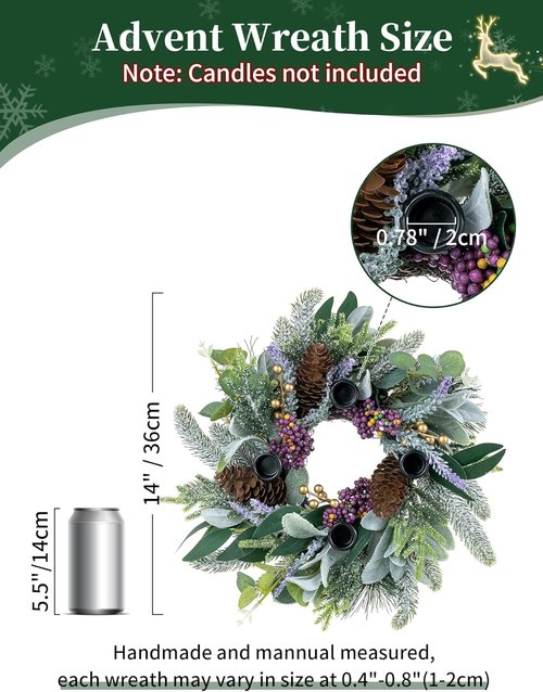 BLOSMON Advent Wreath - 14-Inch Christmas Centerpiece with Candles Holder Ring - Pine Berry Decor