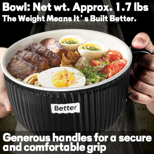 Artena 38 oz Soup Bowls - Large Microwave Safe Ceramic Ramen Bowls with Handles, Lids & Spoons | Black, 6 Inch