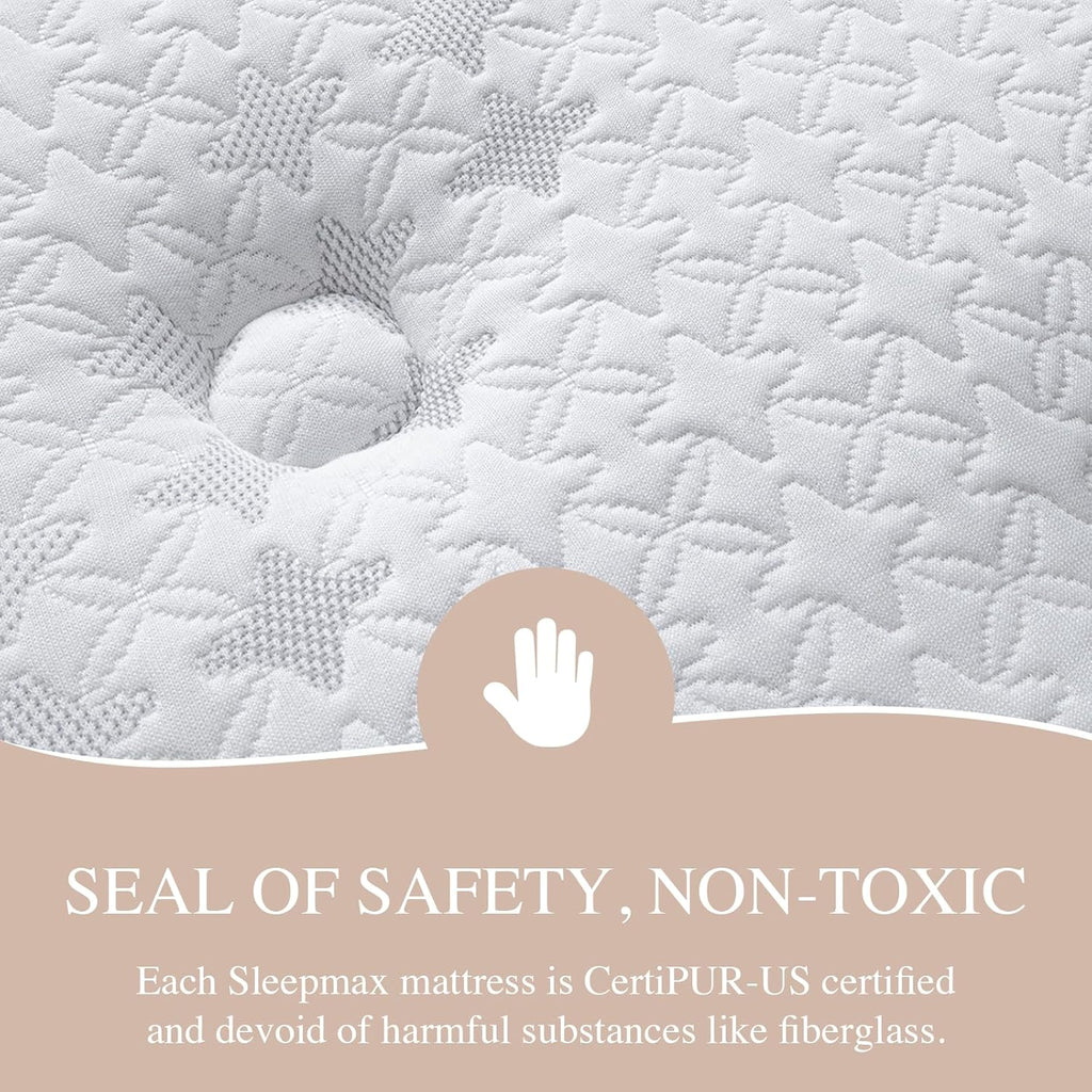 Sleepmax Queen Mattress - 14-Inch Hotel-Collection Hybrid for Pain Relief & Cooling Support | CertiPUR-US, Fiberglass-Free, 365-Night Trial