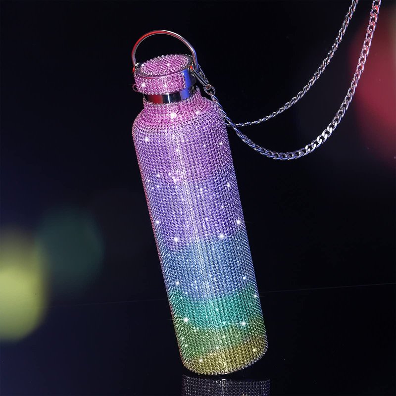 Geiserailie Diamond Water Bottle Bling Rhinestone Stainless Steel Thermal Bottle Refillable Insulated Glitter Water Jug with Chain for Women Girls Gifts(1000 ml,Rainbow)