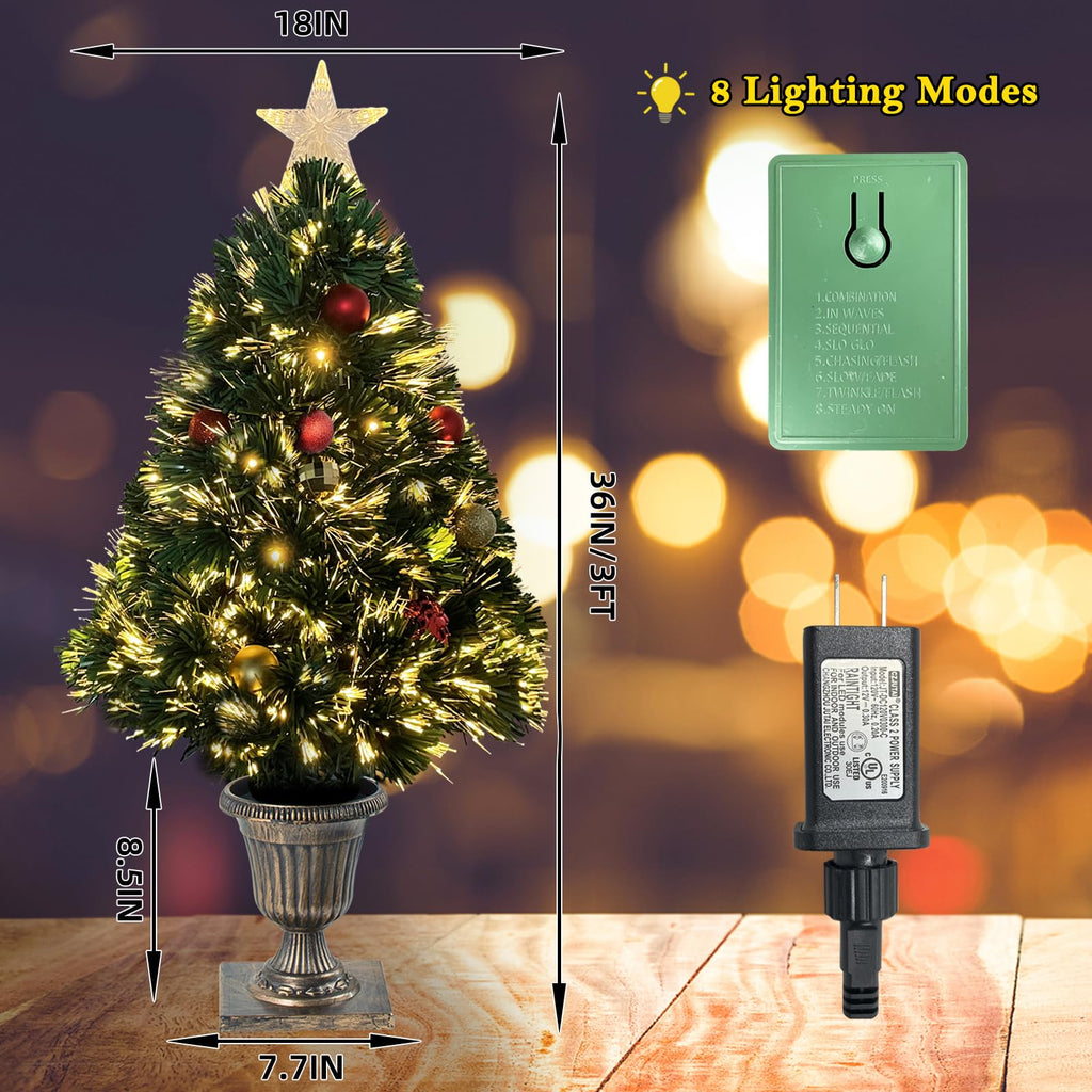 Joeoy 3Ft Pre-lit Optical Fiber Christmas Tree, Artificial Lighted Entrance Xmas Tree with Tree Topper Star and Hanging Ornaments Christmas Decorations for Yard Front Door Entryway