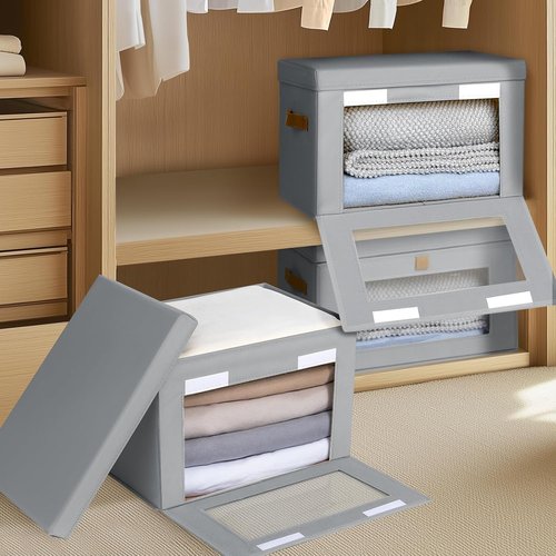 Homsorout Large Closet Storage Organizer - Collapsible Fabric Bins with Handles & Window | 2 Pack, Grey