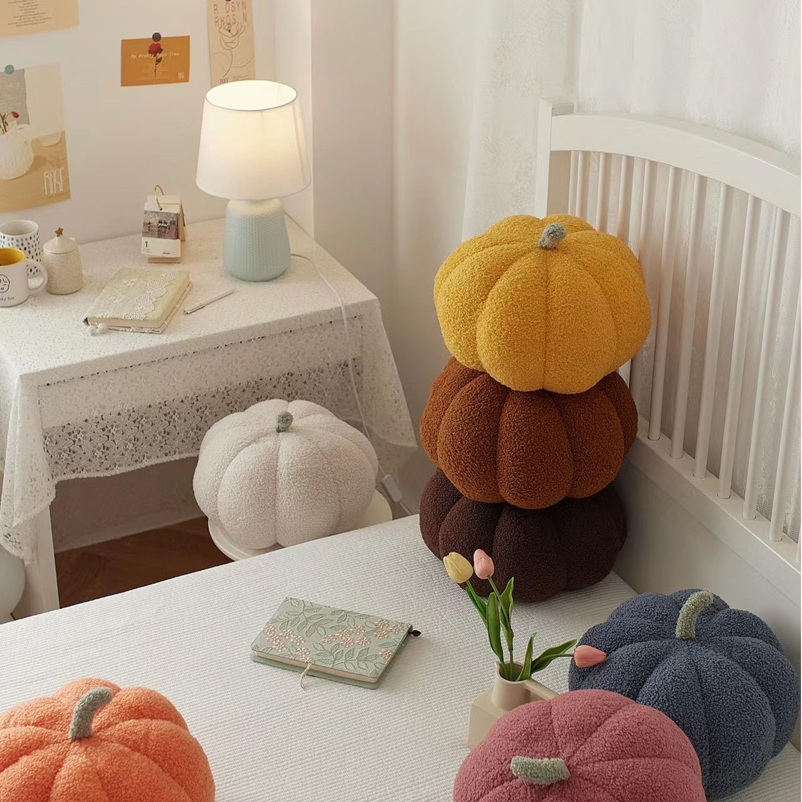 Halloween Pumpkin Pillows, Off White Pumpkin Shaped Throw Pillows Room Decoration, Teddy Fleece Cute 11 Inches Soft Pillow for Natural, Accent Halloween Pillows, Fall Decor