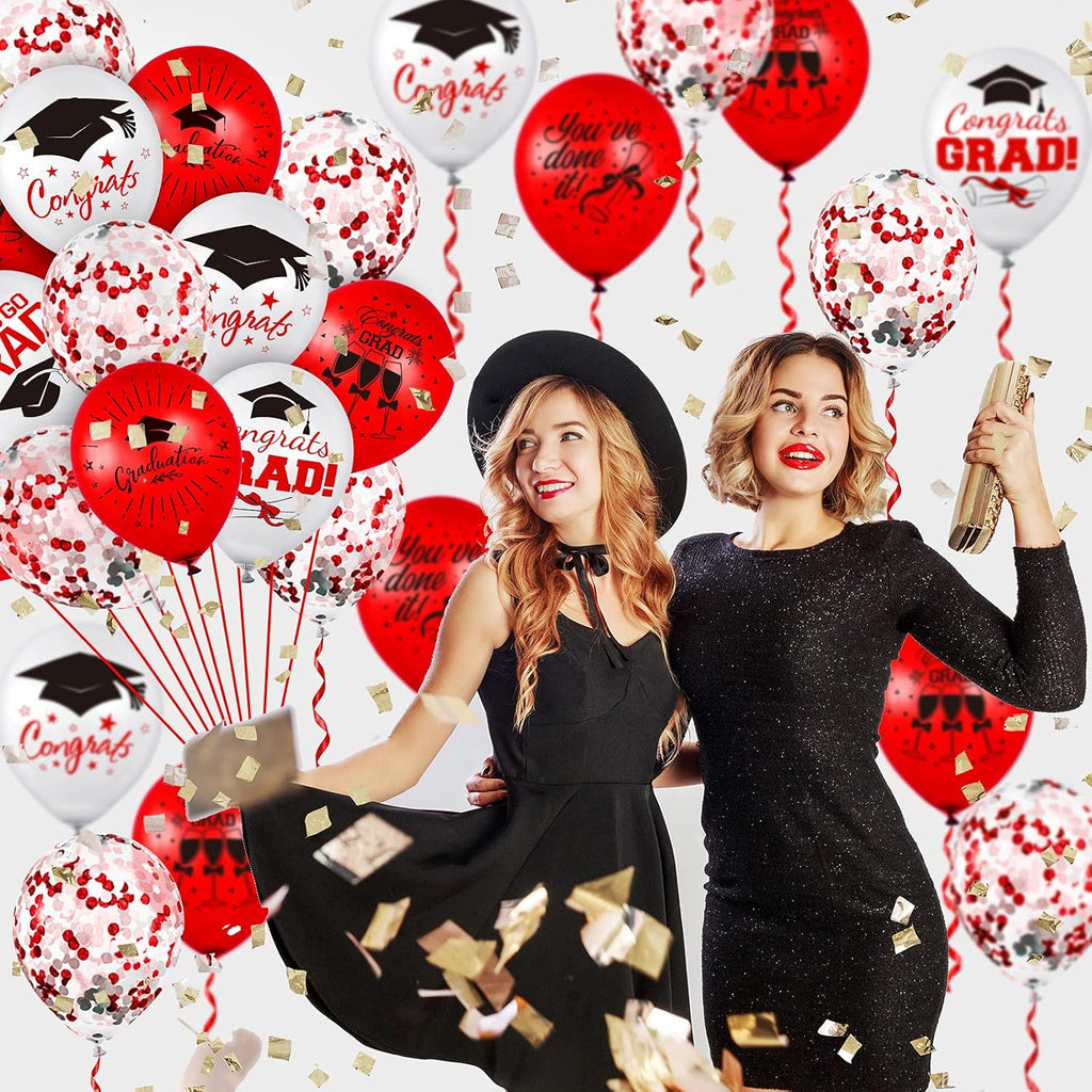 Whaline Graduation Party Balloons Set - 60 Pcs Confetti Latex Balloons with Red Ribbon | Red & White Designs