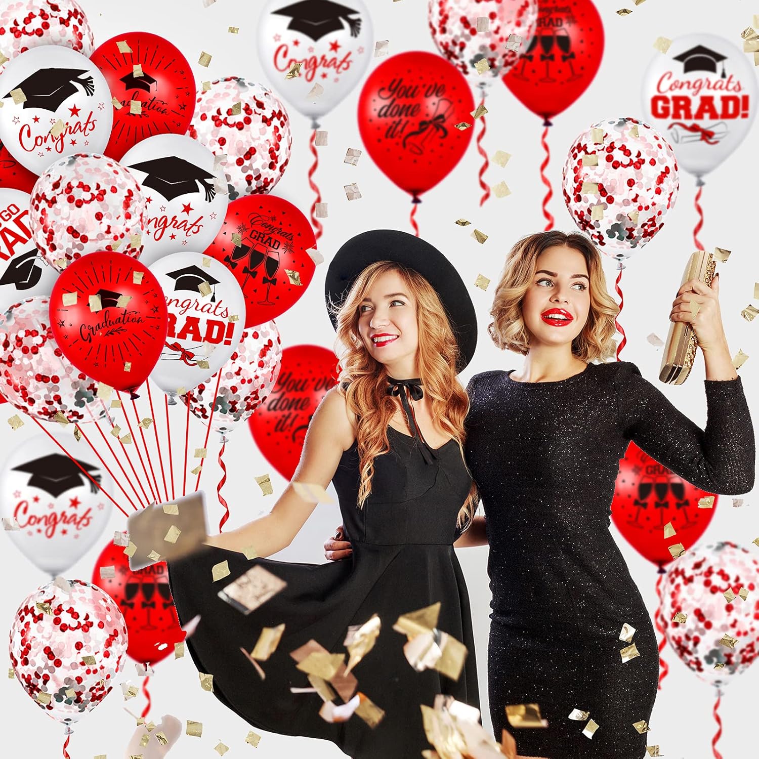 Whaline Graduation Party Balloons Set - 60 Pcs Confetti Latex Balloons with Red Ribbon | Red & White Designs