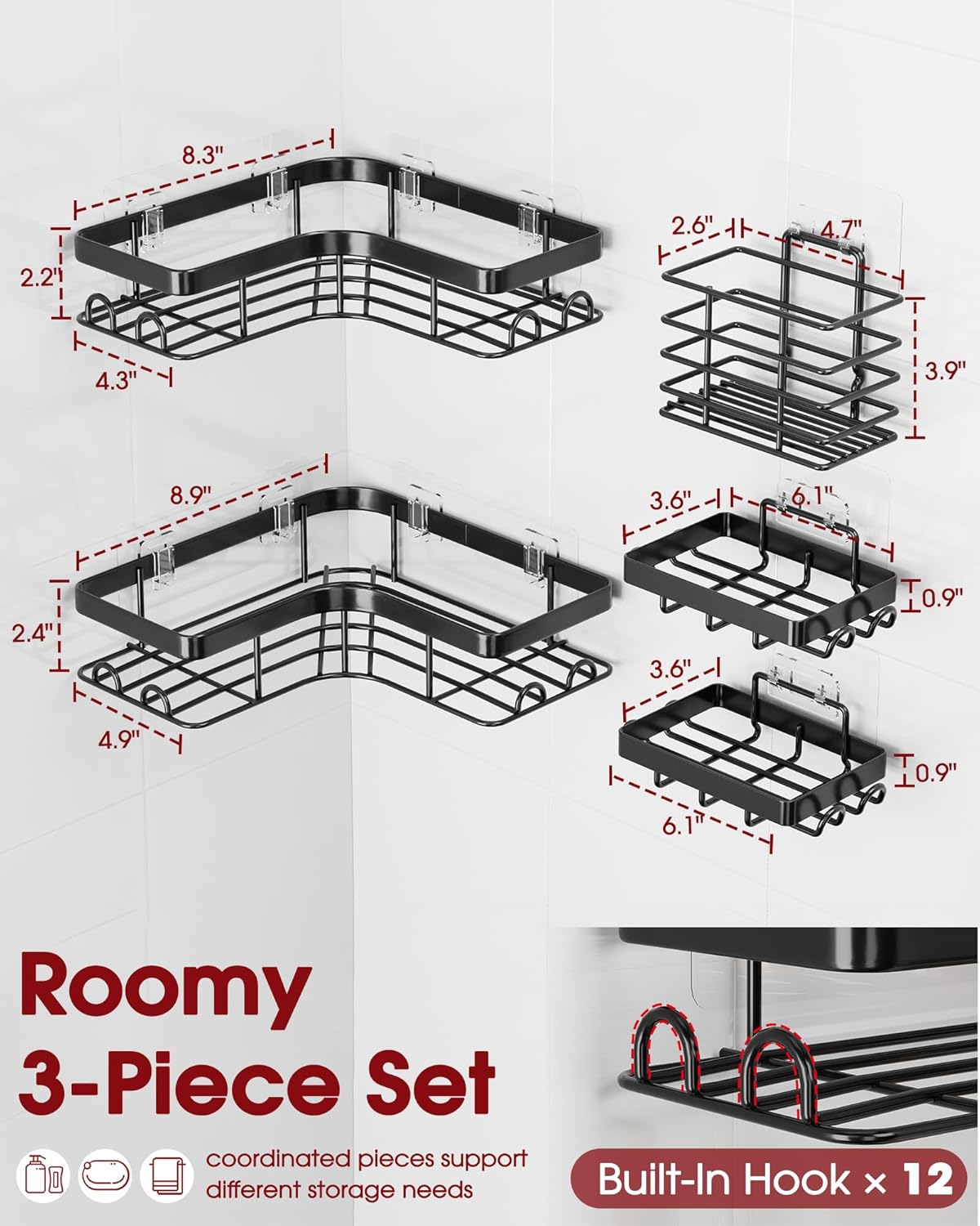 Sakugi Corner Shower Caddy - Rustproof Metal Organizer with Soap & Toothbrush Holder | Large, Black