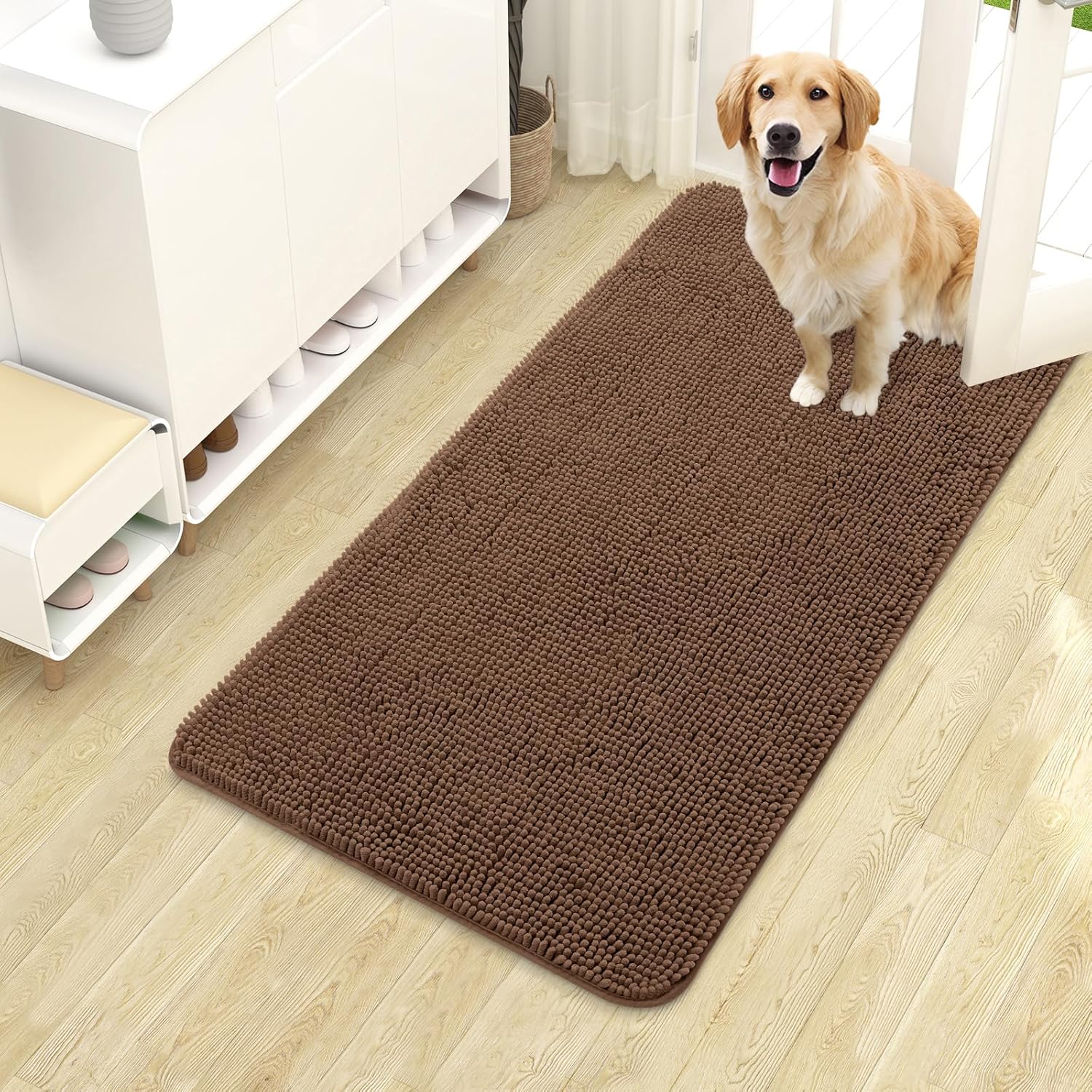 OLANLY Dog Door Mat - Absorbent Non-Slip Chenille Mat for Muddy Paws | 40x24 Mocha Color