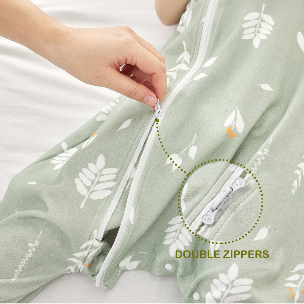 Nivolltha 2 Pack Super Soft 0.5 TOG Sleep Sack with Legs, 100% Organic Cotton Side Open Toddler Sleep Sack with Feet, Foliage & Bear, Size L