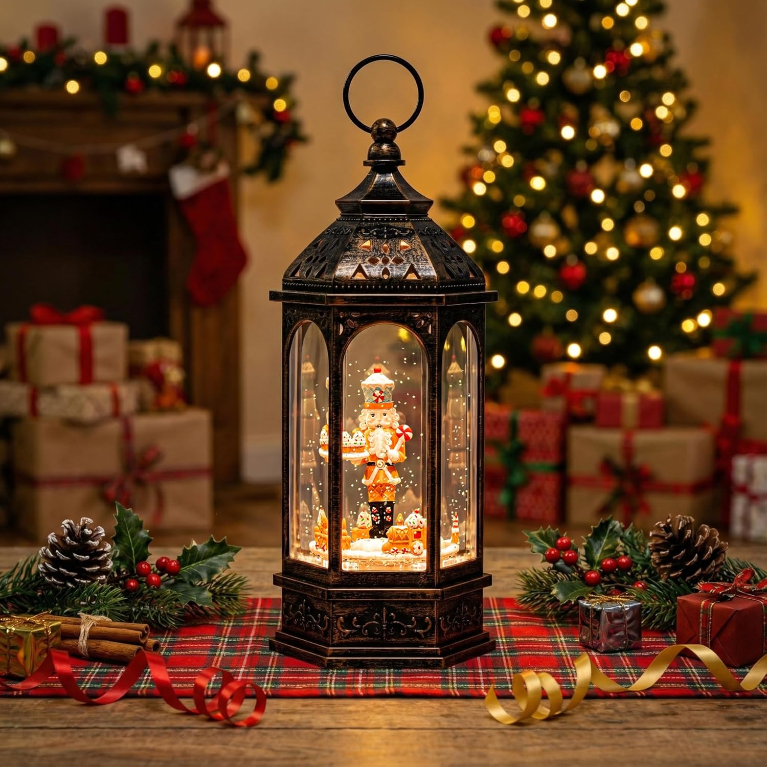 Skiennix Christmas Gingerbread Nutcracker Snow Globe Lantern - Lighted Animated Train with Glitter & Music