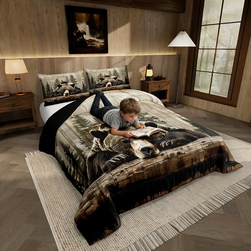 Feelyou Grizzly Bear Comforter Set Queen Size, Wild Animal Hunting Quilt Set with 2 Pillowcases, Rustic Cabin Farmhouse Bedding Set 3pcs for Kids Boys Teens Room Decor, Western Country Duvet Insert