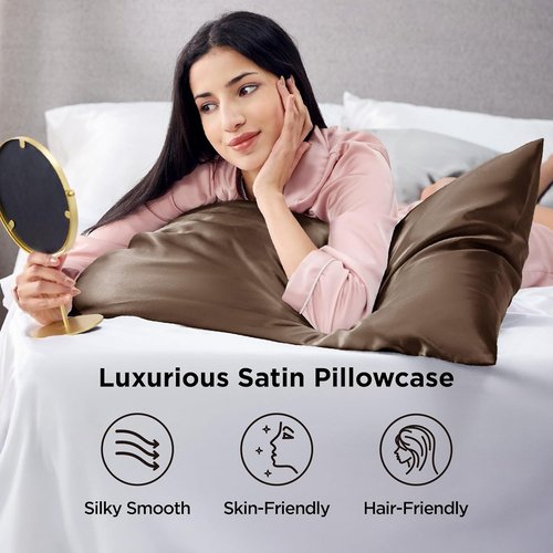 Bedsure Satin Pillowcases - Luxurious Silk-Like Queen Size Set of 2 | Envelope Closure, Brown, 20x30 Inches