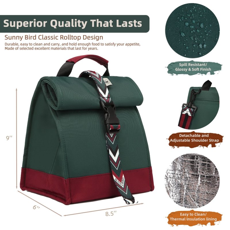 SUNNY BIRD Insulated Lunch Bag Rolltop Lunch Box Tote Bag for Women, Men, Adults and Teens (Green with Boho strap)