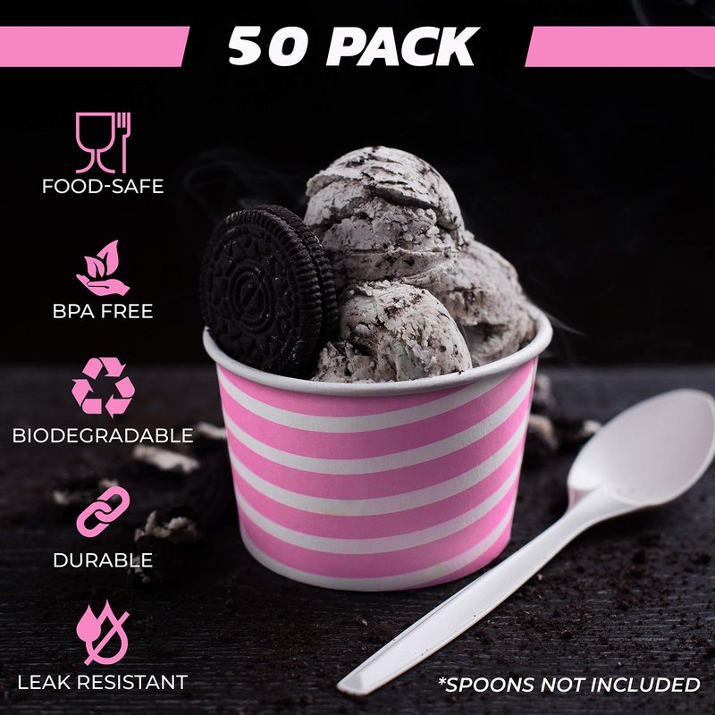 TYPTOP Premium Paper Ice Cream Cups, 50-Pack 5.5 oz Disposable Dessert cups for Hot and Cold, 5.5-ounce pink stripe