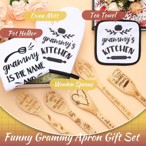 Leyndo 10 Pcs Christmas Grammy Kitchen Gifts Set Include Apron Tea Towel Tea Spoon Pot Holder Oven Mitt Bamboo Kitchen Cooking Spatula Baking