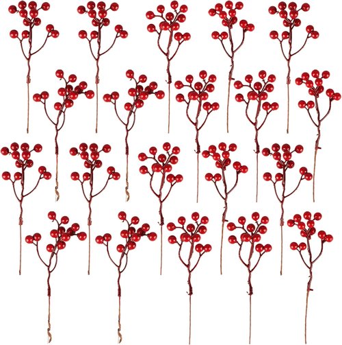 Fangoo 20 Pack Red Berry Picks - 7 Inch Burgundy Stems for Christmas Tree & Holiday Decor
