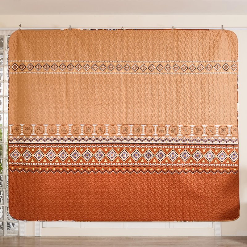 WONGS BEDDING 3 Pieces Quilt Set Queen Size, Burnt Orange/Rust Thanksgiving Quilt Bedspread Bohemian Coverlet Set with 2 Pillowcase, Fall Soft Thanksgiving Bedding Set for All Season 96"×90"