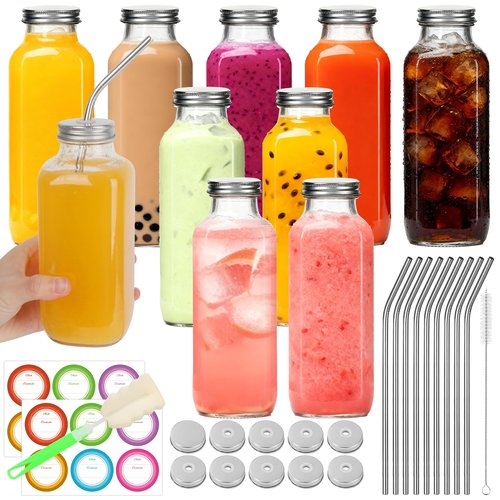 BIGIVACA 16 oz Glass Juice Bottles with Lids 10 Pack | Reusable & Leakproof Juicing Jars with Airtight & Sipping Lids, Straws & Brushes for Travel, Office, Home, Gym